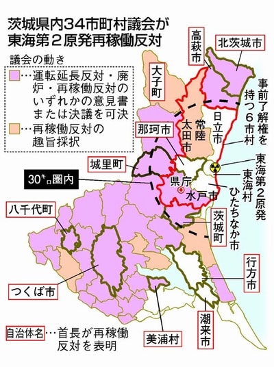 地図：茨城県内３４市町村議会が東海第２原発再稼働反対
