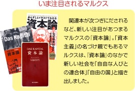 【いま注目されるマルクス】　関連本が次つぎにだされるなど、新しい注目があつまるマルクスの『資本論』。「資本主義」の名づけ親でもあるマルクスは、『資本論』のなかで新しい社会を「自由な人びとの連合体」「自由の国」と描き出しました。