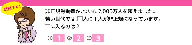 非正規労働者が、ついに2,000万人を超えました。若い世代では、□人に１人が非正規になっています。□に入るのは？（１）1（２）2（３）3