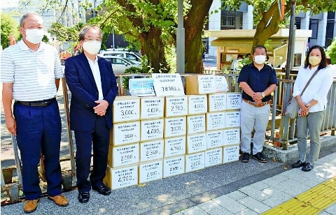 （写真）安倍元首相の「国葬」に反対する署名を提出する人たち＝２６日、内閣府前
