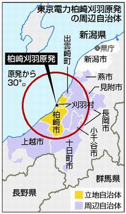 地図：東京電力柏崎刈羽原発の周辺自治体
