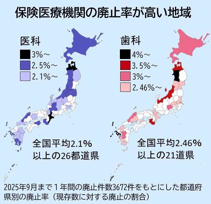 保険医療機関の廃止率が高い地域を示した日本地図