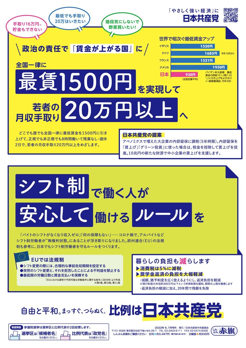 最賃1500円を実現して若者の手取り20万円以上へ ｜ 日本共産党