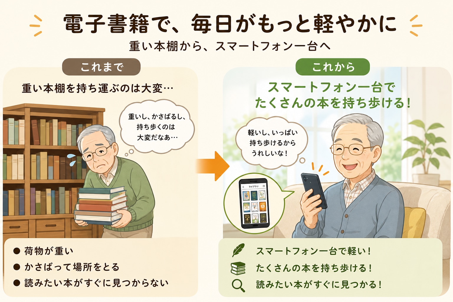 たくさんの本をスマートフォン一台で持ち歩ける図
