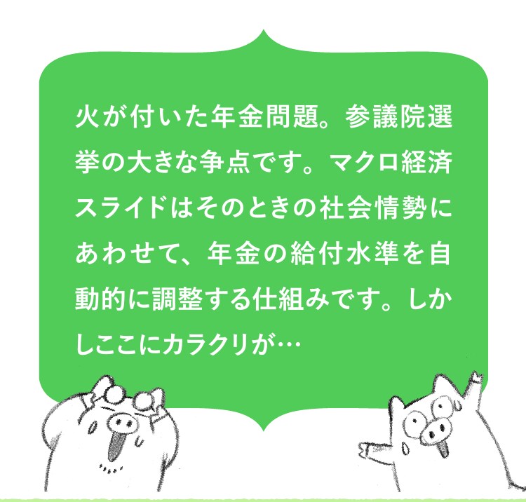 火が付いた年金問題。参議院選挙の大きな争点です。マイクロ経済スライドはそのときの社会情勢にあわせて、年金の給付水準を自動的に調整する仕組みです。しかしここにカラクリが…