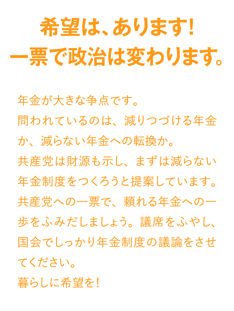 希望は、あります！一票で政治は変わります。年金が大きな争点です。問われているのは、減りつづける年金か、減らない年金への転換か。共産党は財源も示し、まずは減らない年金制度をつくろうと提案しています。共産党への一票で、頼れる年金への一歩をふみだしましょう。議席をふやし、国会でしっかり年金制度の議論をさせてください。暮らしに希望を！