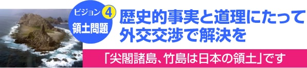 ビジョン４　領土問題　歴史的事実と道理にたって外交交渉で解決を　「尖閣諸島、竹島は日本の領土」です