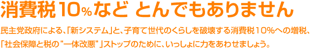 消費税１０％など　とんでもありません　民主党政府による「新システム」と、子育て世代のくらしを破壊する消費税１０％への増税、「社会保障と税の